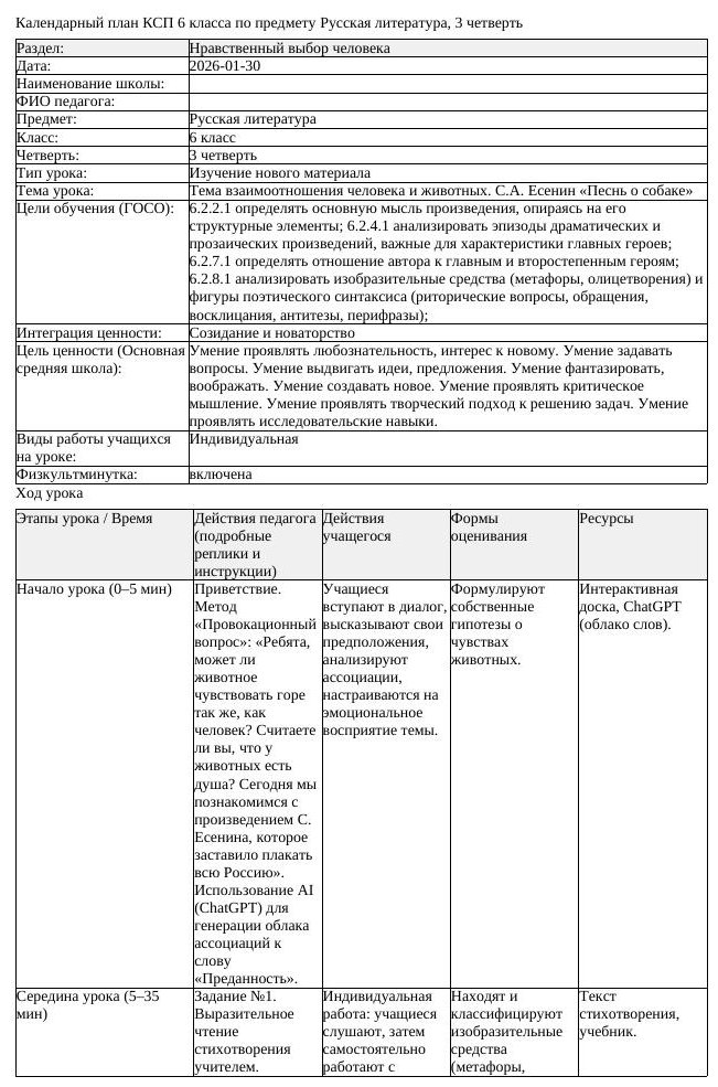 КСП Русская литература 6 класс 3 четверть Тема взаимоотношения человека