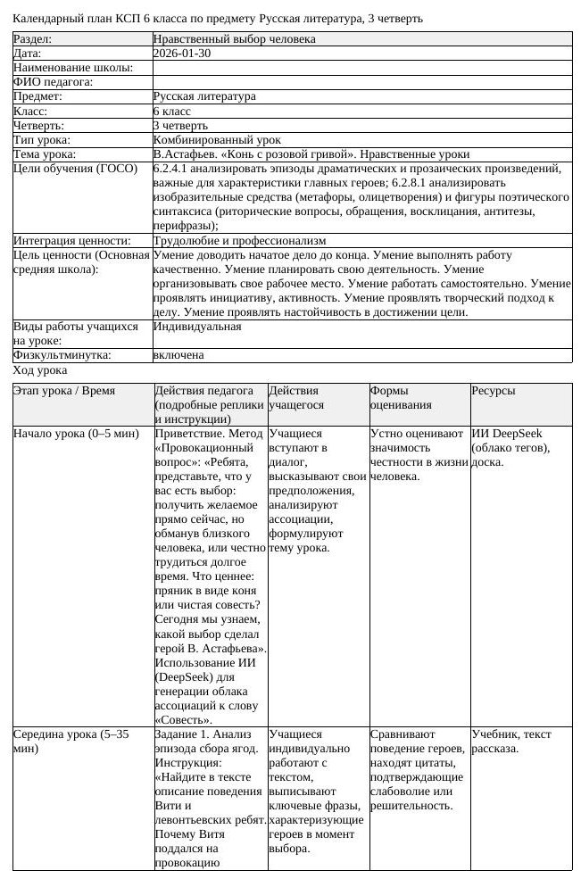 КСП Русская литература 6 класс 3 четверть В Астафьев Конь с розовой