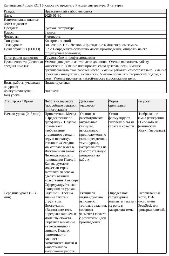 КСП Русская литература 6 класс 3 четверть Вн чтение Н С Лесков Привидение