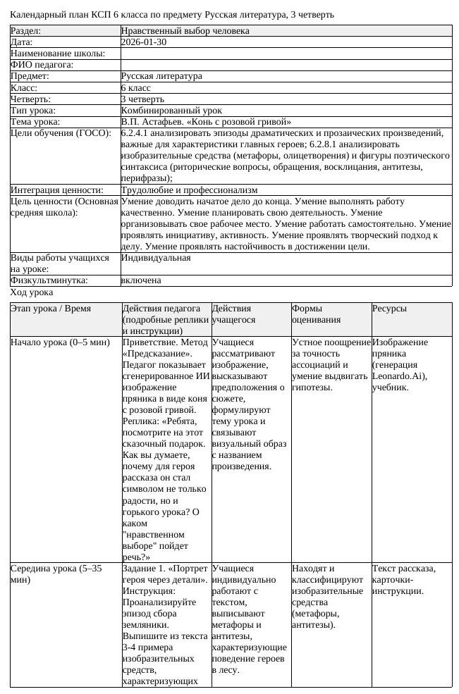 КСП Русская литература 6 класс 3 четверть В П Астафьев Конь с розовой