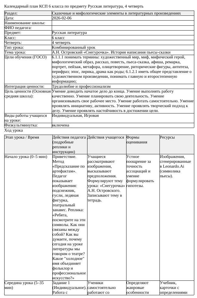 КСП Русская литература 6 класс 4 четверть А Н Островский Снегурочка (урок 2)