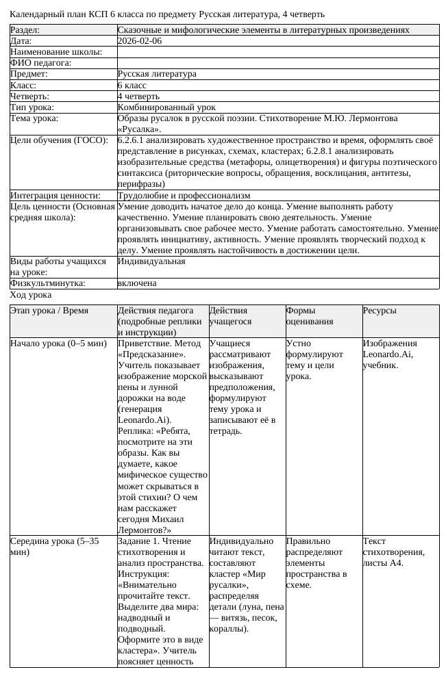 КСП Русская литература 6 класс 4 четверть Образы русалок в русской (урок 1)