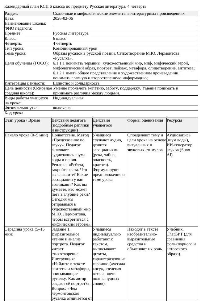 КСП Русская литература 6 класс 4 четверть Образы русалок в русской (урок 2)