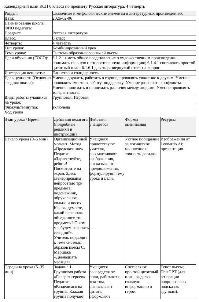 КСП Русская литература 6 класс 4 четверть Система образов персонажей