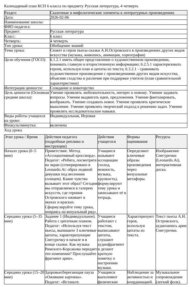 КСП Русская литература 6 класс 4 четверть Сюжет и герои пьесы сказки