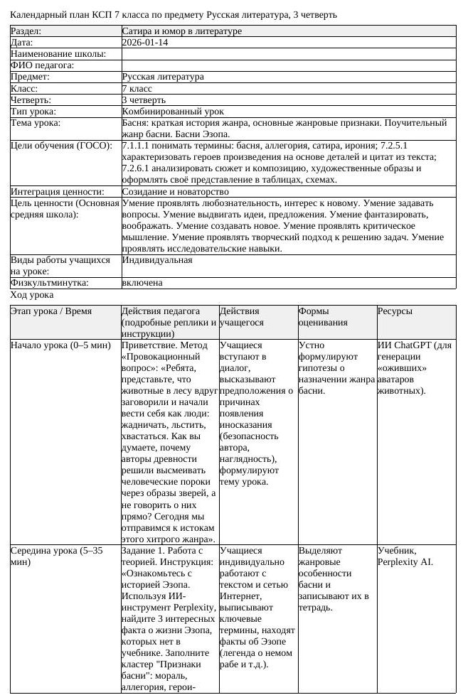 КСП Русская литература 7 класс 3 четверть Басня краткая история жанра