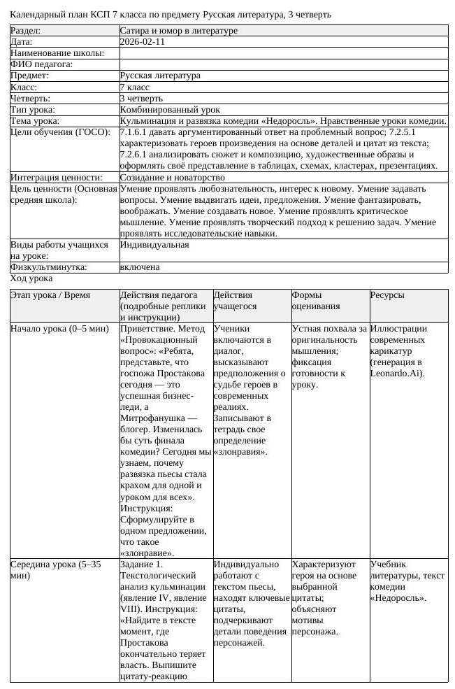 КСП Русская литература 7 класс 3 четверть Кульминация и развязка комедии