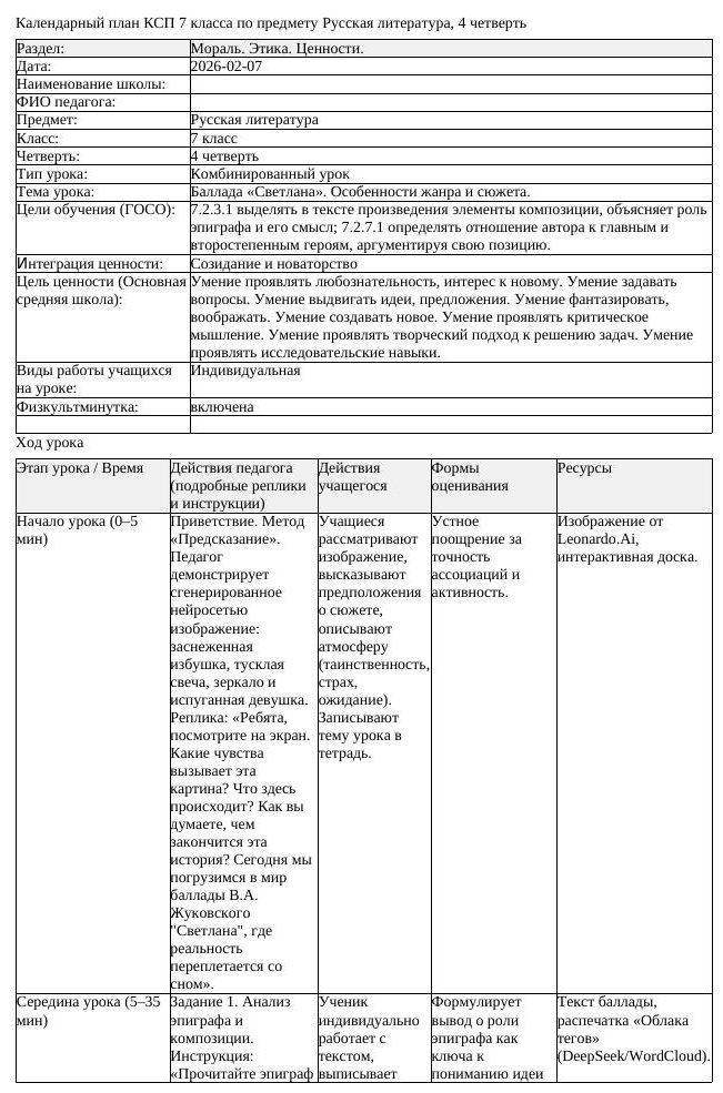 КСП Русская литература 7 класс 4 четверть Баллада Светлана Особенности