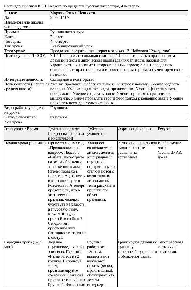КСП Русская литература 7 класс 4 четверть Преодоление утраты путь