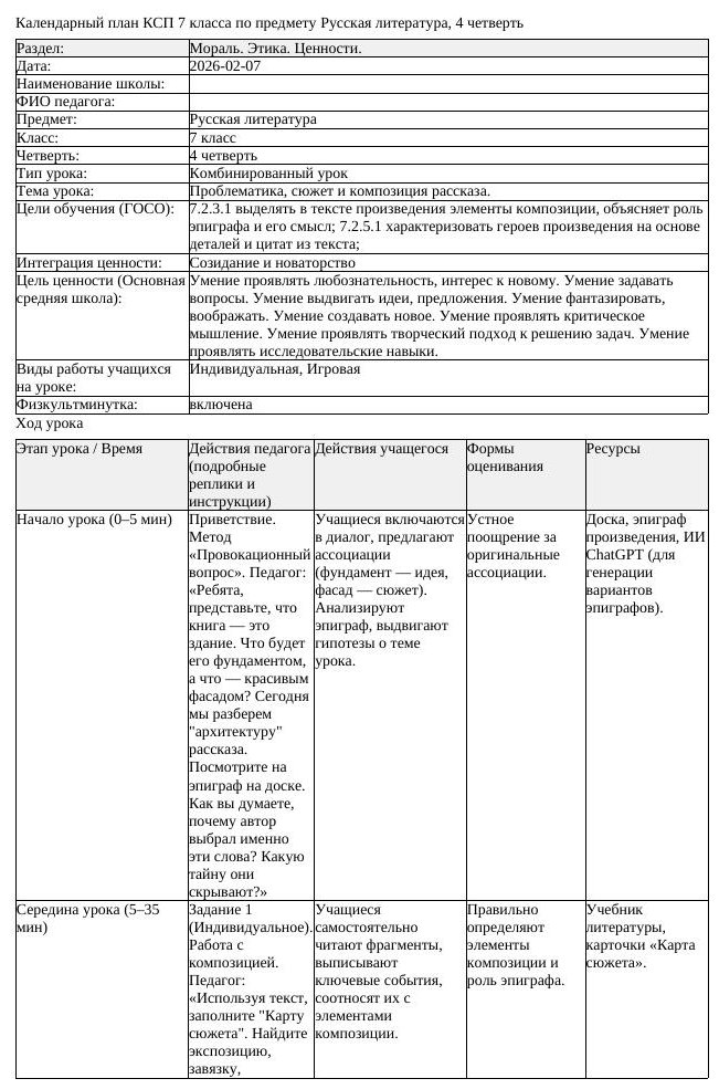 КСП Русская литература 7 класс 4 четверть Проблематика сюжет и композиция