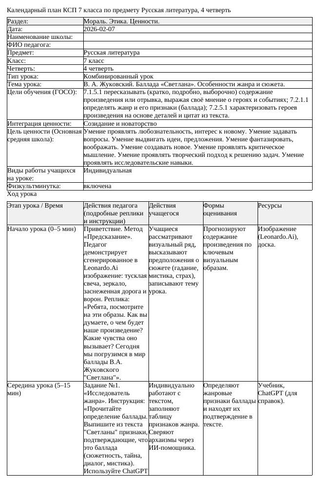 КСП Русская литература 7 класс 4 четверть В А Жуковский Баллада Светлана