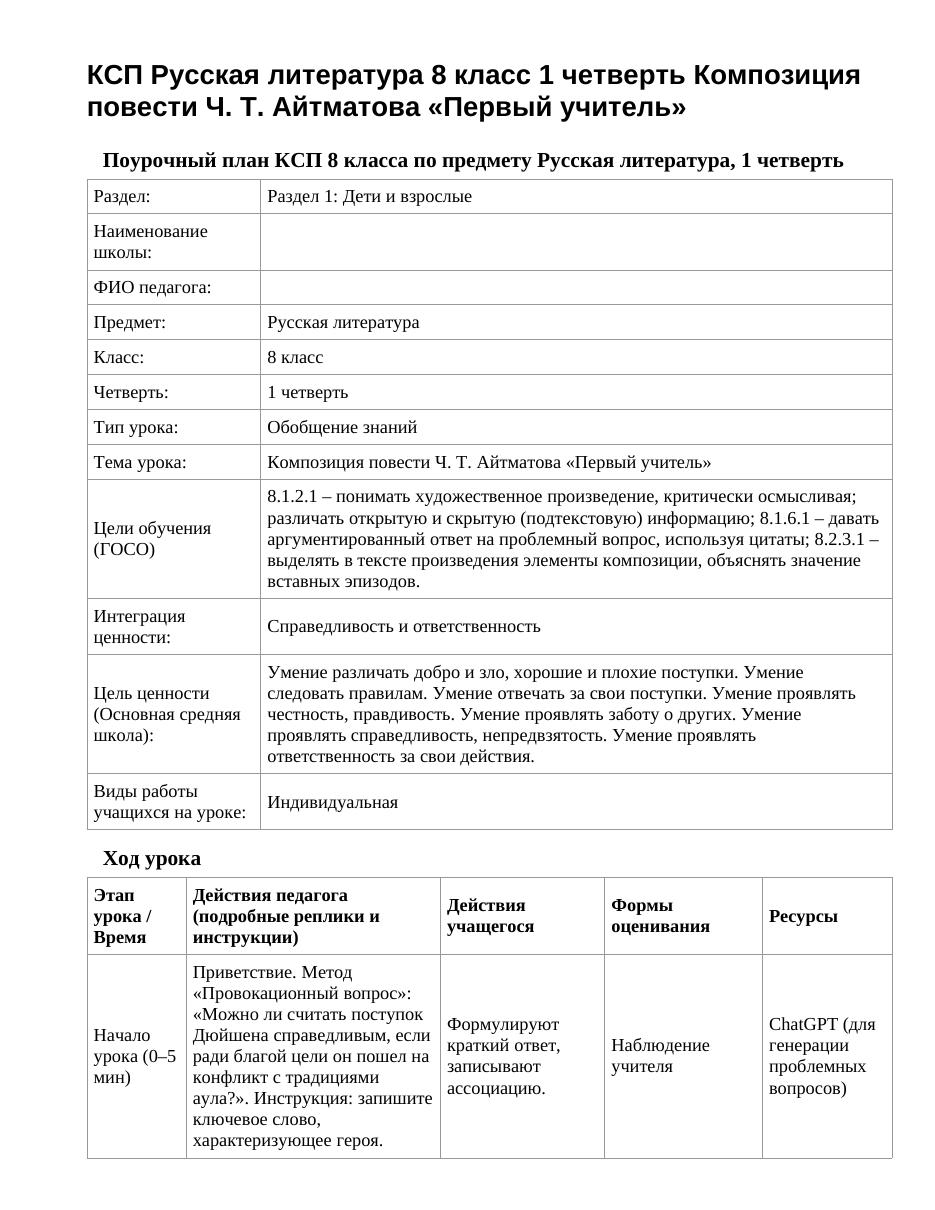 КСП Русская литература 8 класс 1 четверть Композиция повести Ч. Т. Айтматова «Первый учитель»