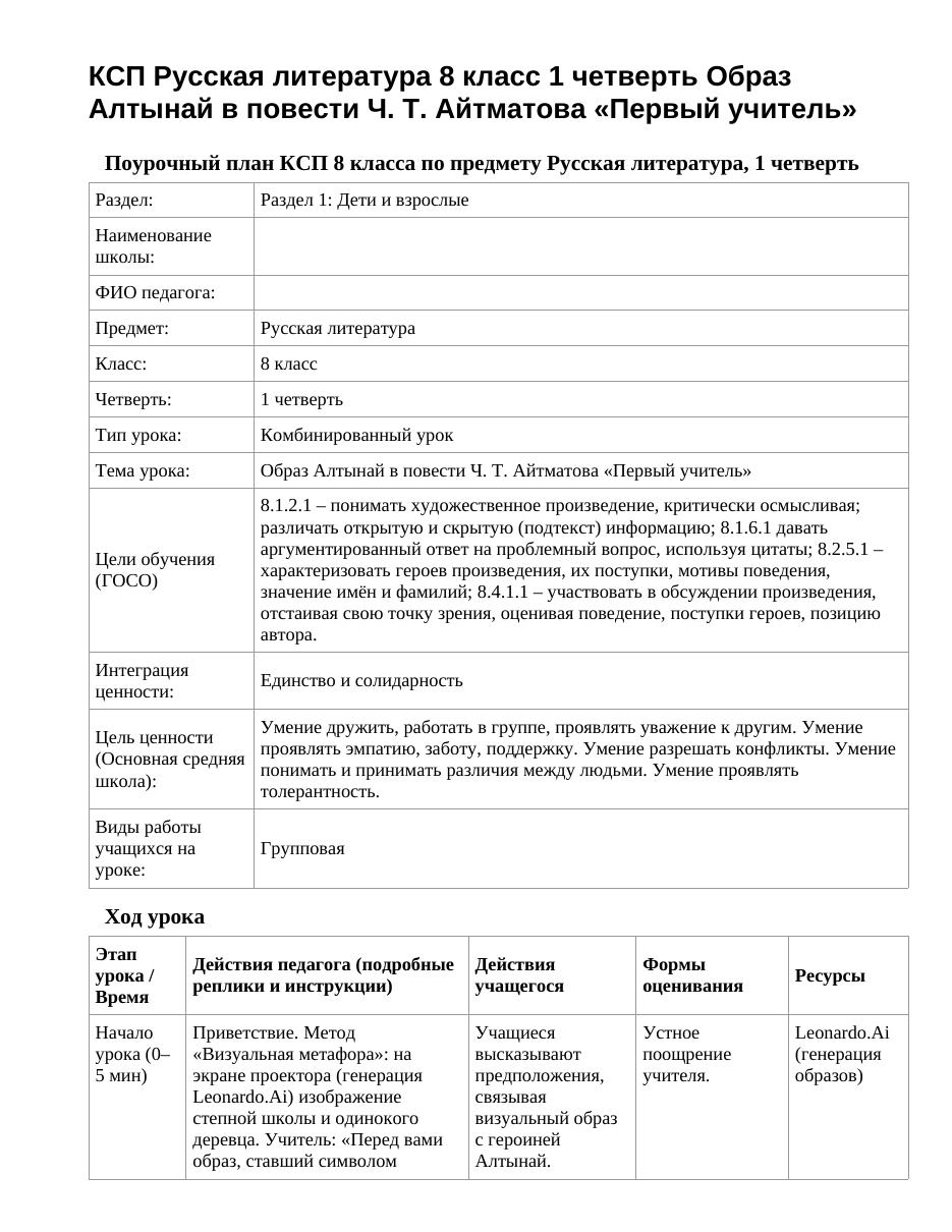 КСП Русская литература 8 класс 1 четверть Образ Алтынай в повести Ч. Т. Айтматова «Первый учитель»