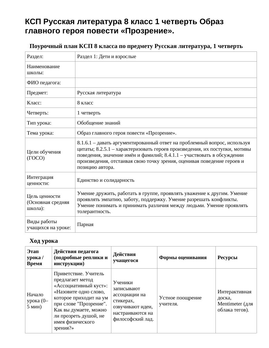 КСП Русская литература 8 класс 1 четверть Образ главного героя повести «Прозрение».