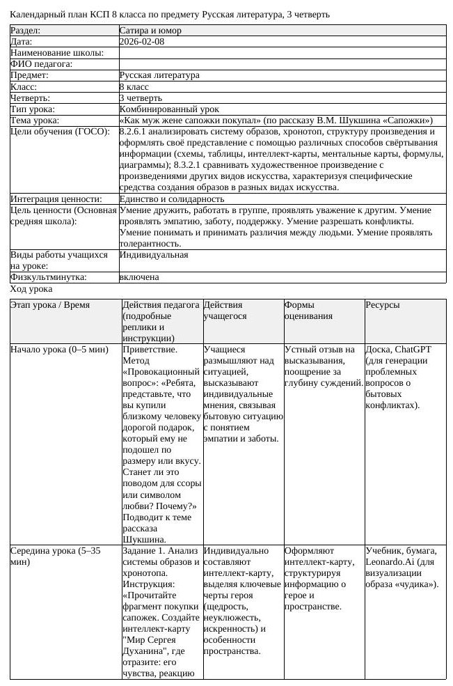 КСП Русская литература 8 класс 3 четверть Как муж жене сапожки покупал