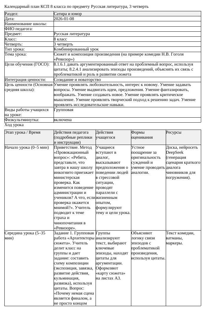 КСП Русская литература 8 класс 3 четверть Сюжет и композиция произведения (урок 1)
