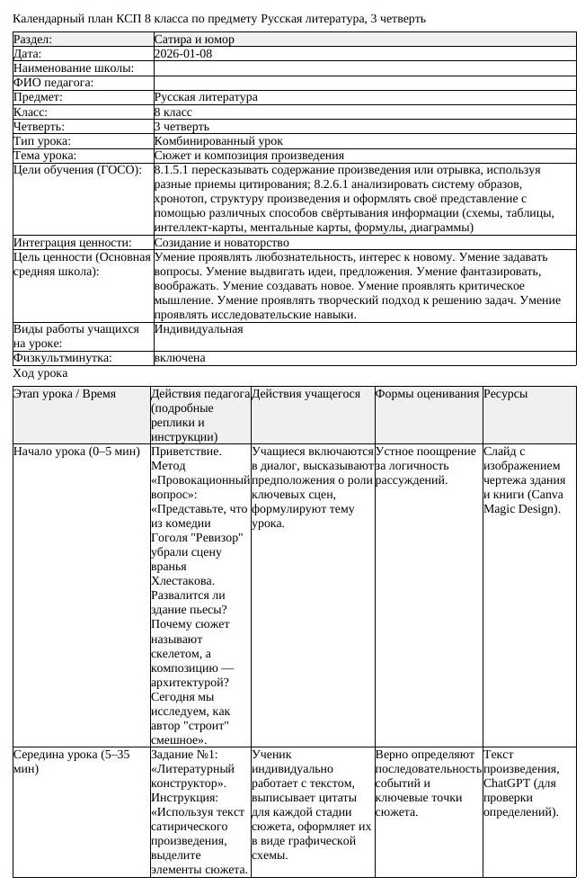 КСП Русская литература 8 класс 3 четверть Сюжет и композиция произведения (урок 3)