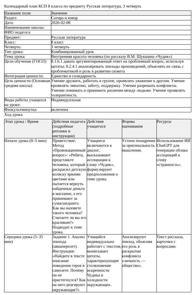 КСП Русская литература 8 класс 3 четверть Внутренняя красота человека