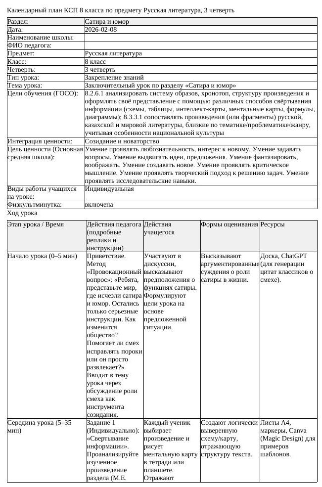 КСП Русская литература 8 класс 3 четверть Заключительный урок по разделу