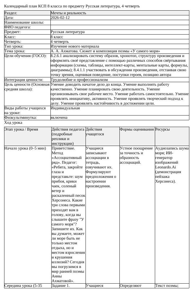 КСП Русская литература 8 класс 4 четверть А А Ахматова Сюжет и композиция