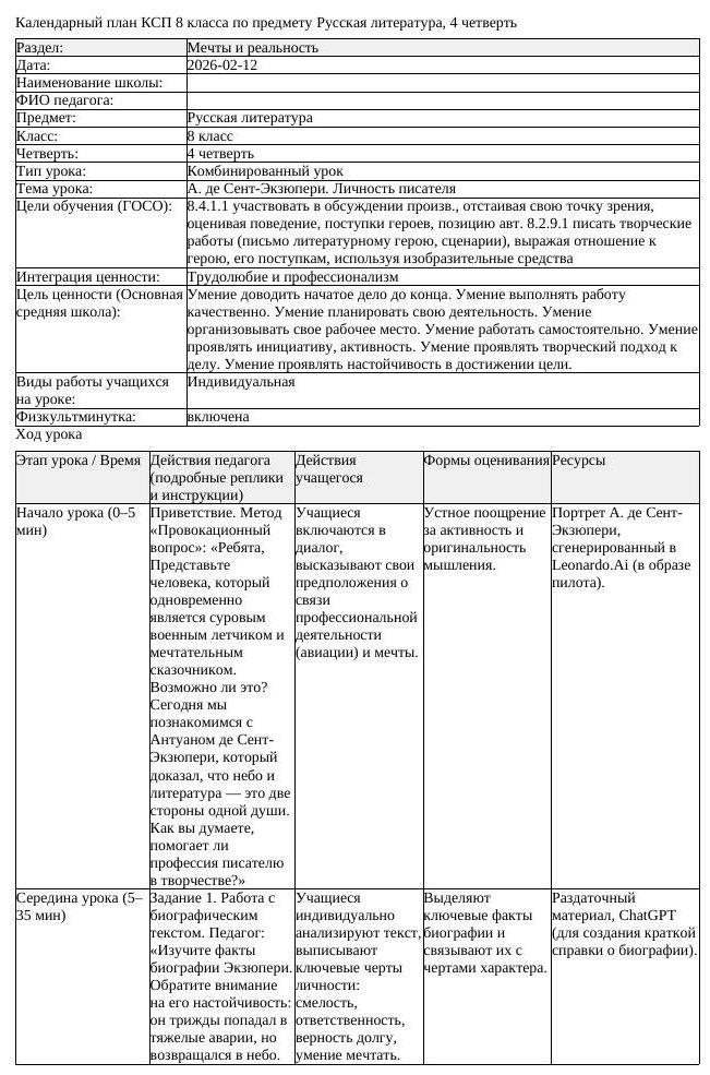 КСП Русская литература 8 класс 4 четверть А де Сент Экзюпери Личность