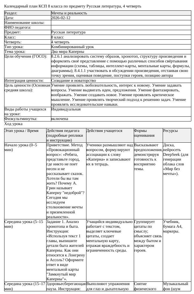 КСП Русская литература 8 класс 4 четверть Два мира Каперны docx