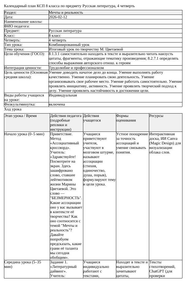КСП Русская литература 8 класс 4 четверть Итоговый урок по творчеству