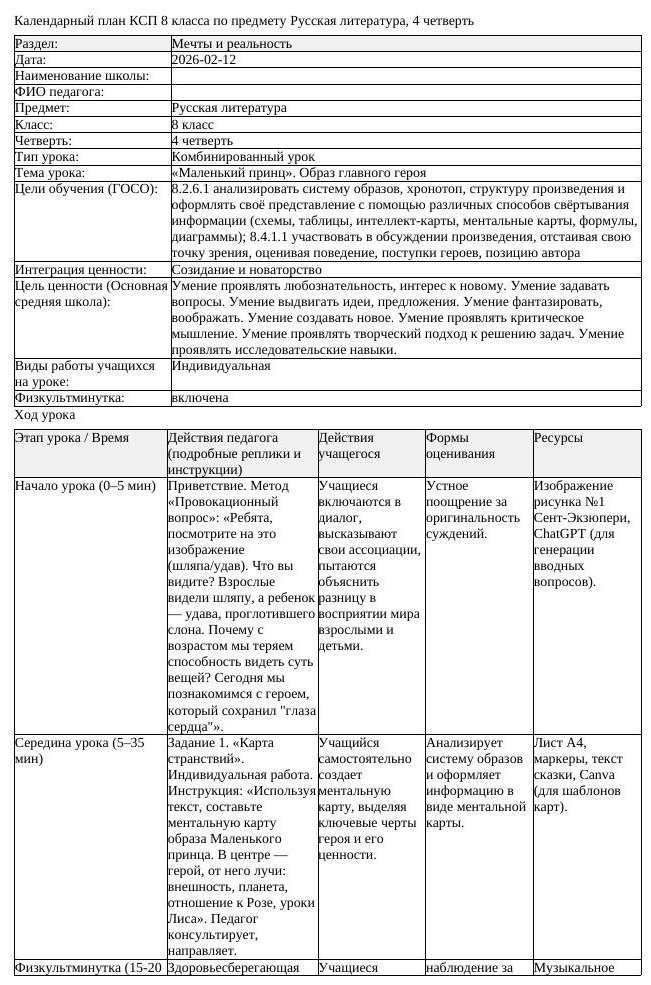 КСП Русская литература 8 класс 4 четверть Маленький принц Образ главного