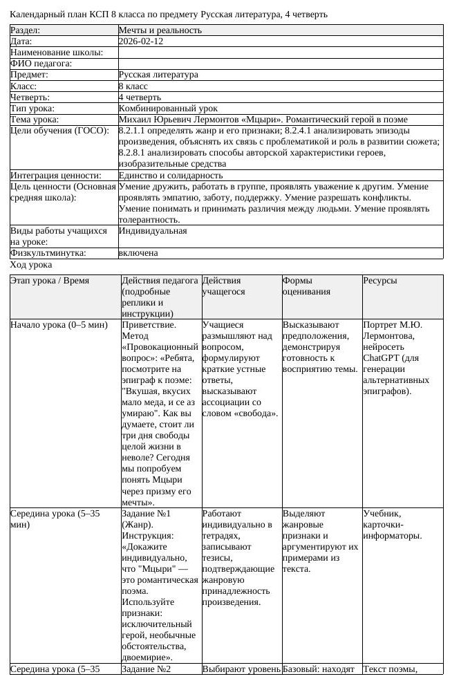 КСП Русская литература 8 класс 4 четверть Михаил Юрьевич Лермонтов