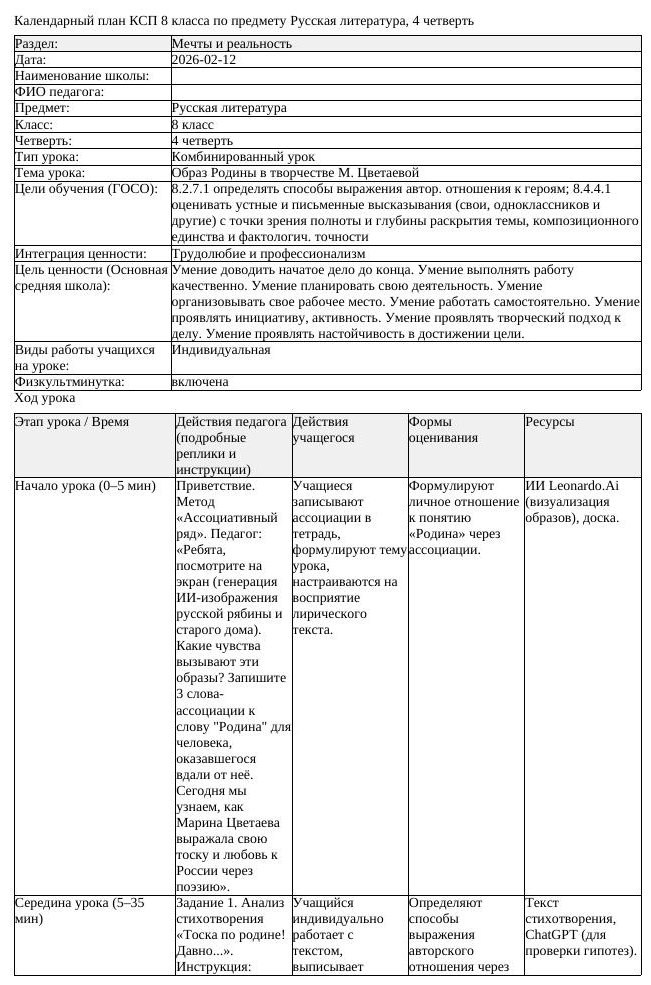 КСП Русская литература 8 класс 4 четверть Образ Родины в творчестве