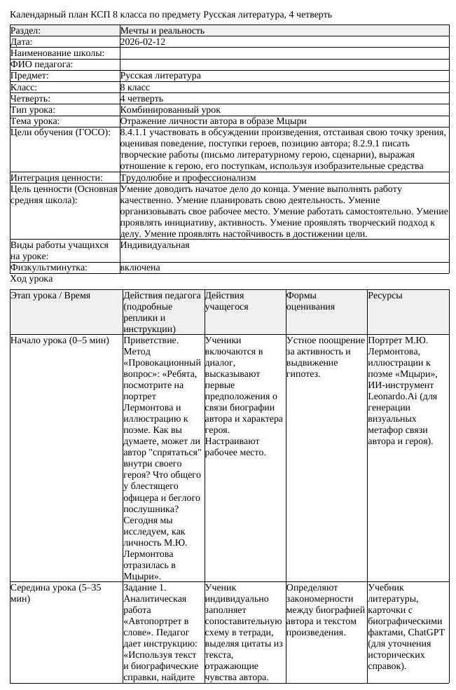 КСП Русская литература 8 класс 4 четверть Отражение личности автора
