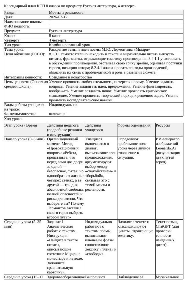 КСП Русская литература 8 класс 4 четверть Раскрытие темы и идеи поэмы