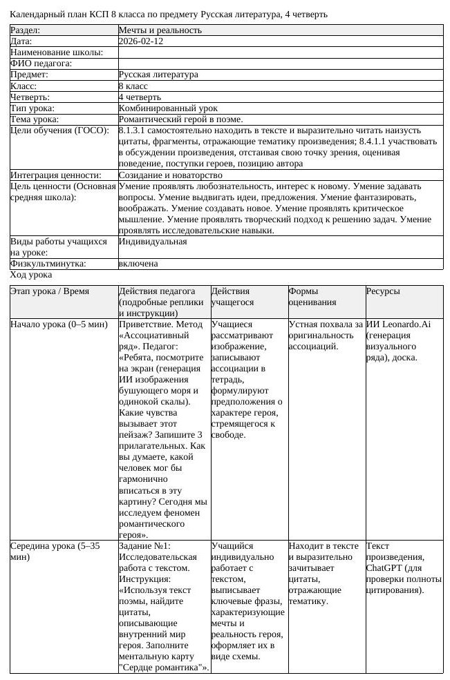 КСП Русская литература 8 класс 4 четверть Романтический герой в поэме