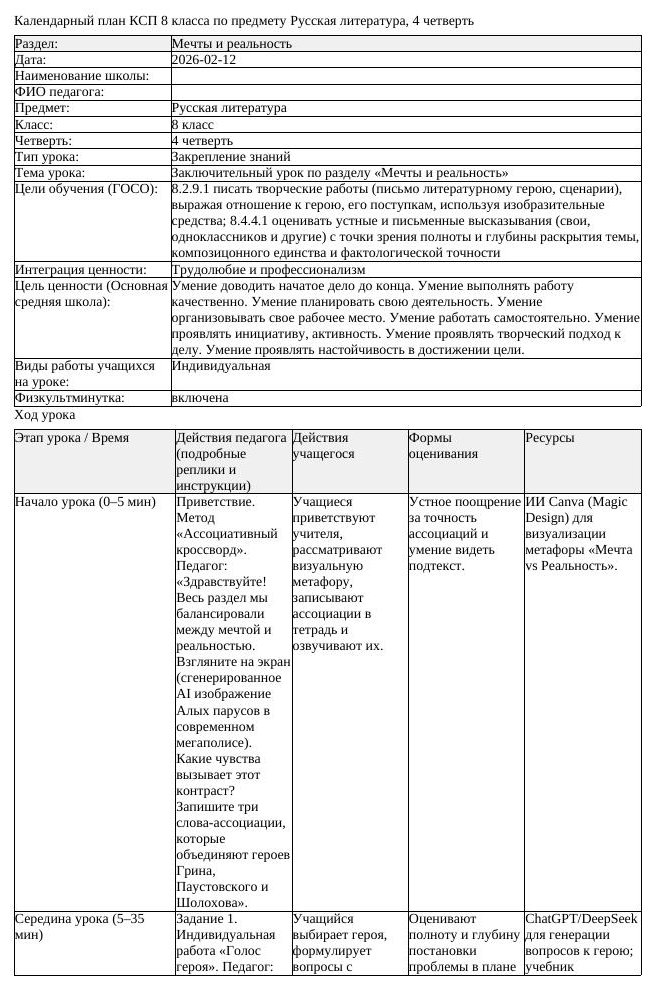 КСП Русская литература 8 класс 4 четверть Заключительный урок по разделу