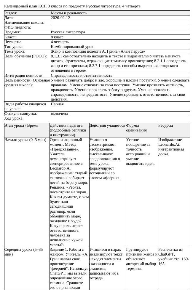 КСП Русская литература 8 класс 4 четверть Жанр и композиция повести
