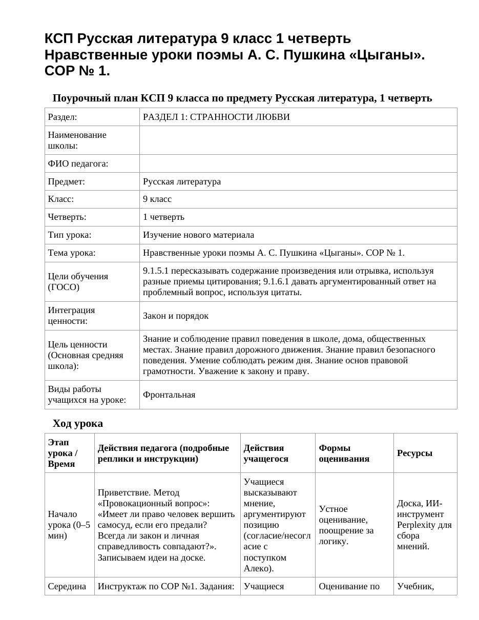 КСП Русская литература 9 класс 1 четверть Нравственные уроки поэмы А. С. Пушкина «Цыганы». СОР № 1.