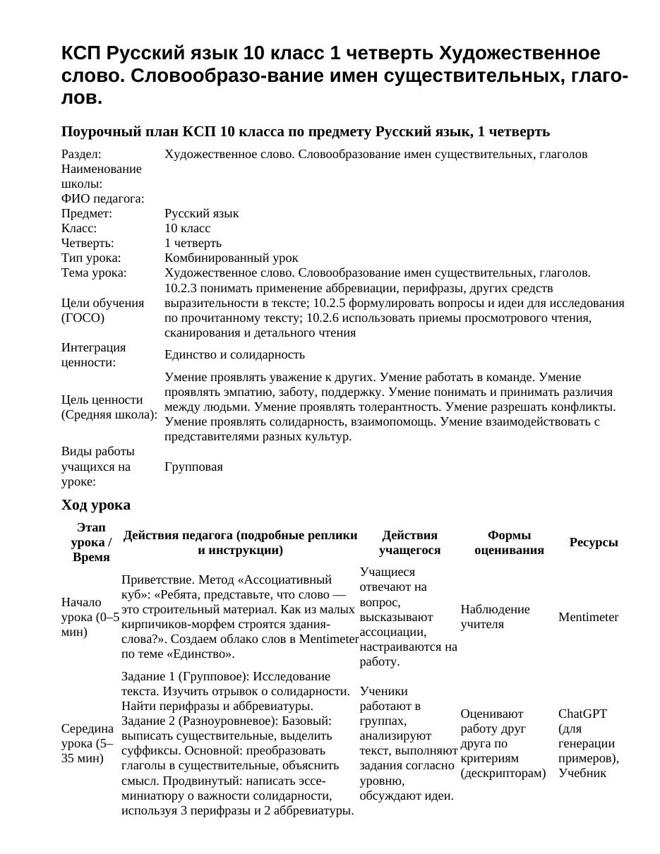 КСП Русский язык 10 класс 1 четверть Художественное слово. Словообразо-вание имен существительных, глаго-лов.