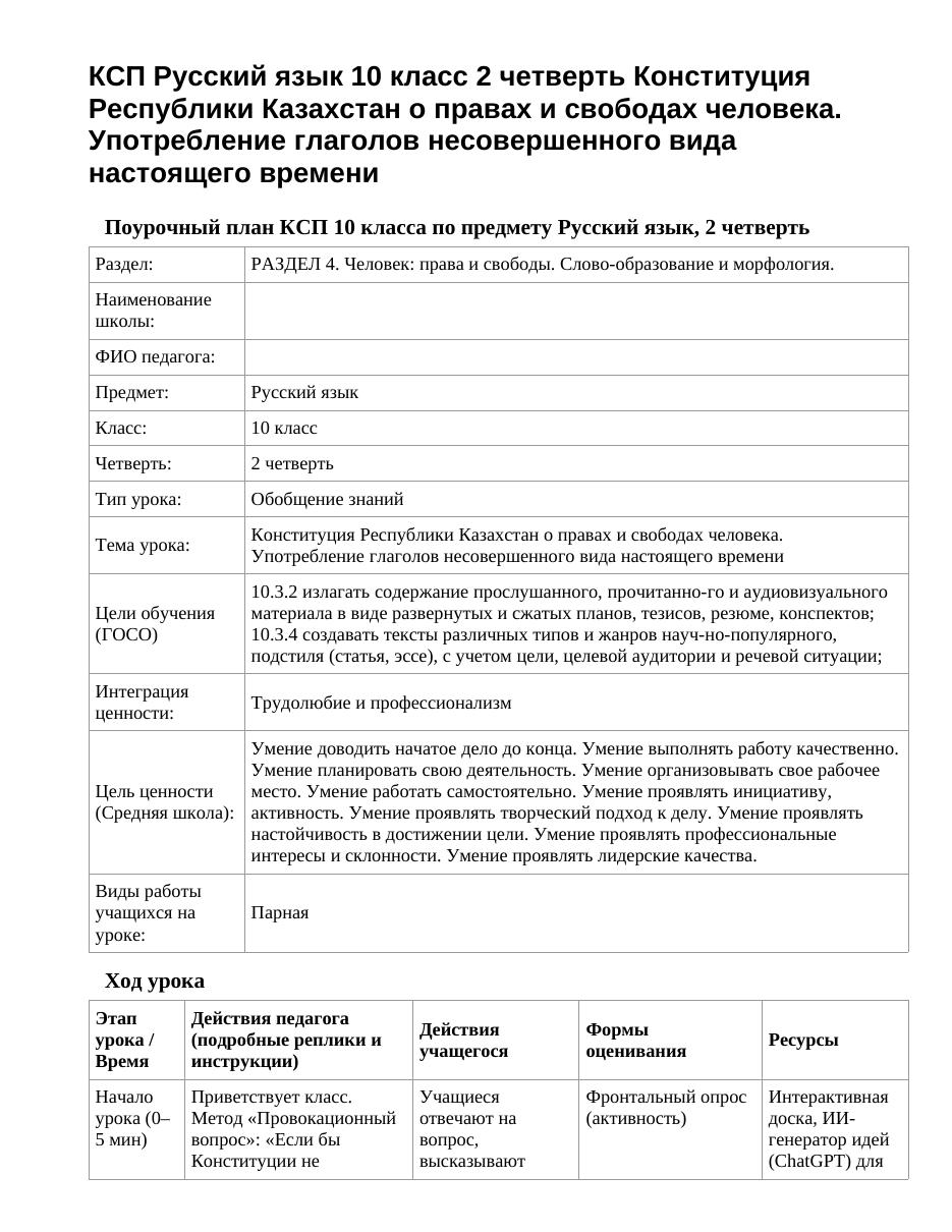 КСП Русский язык 10 класс 2 четверть Конституция Республики Казахстан о правах и свободах человека. Употребление глаголов несовершенного вида настоящего времени