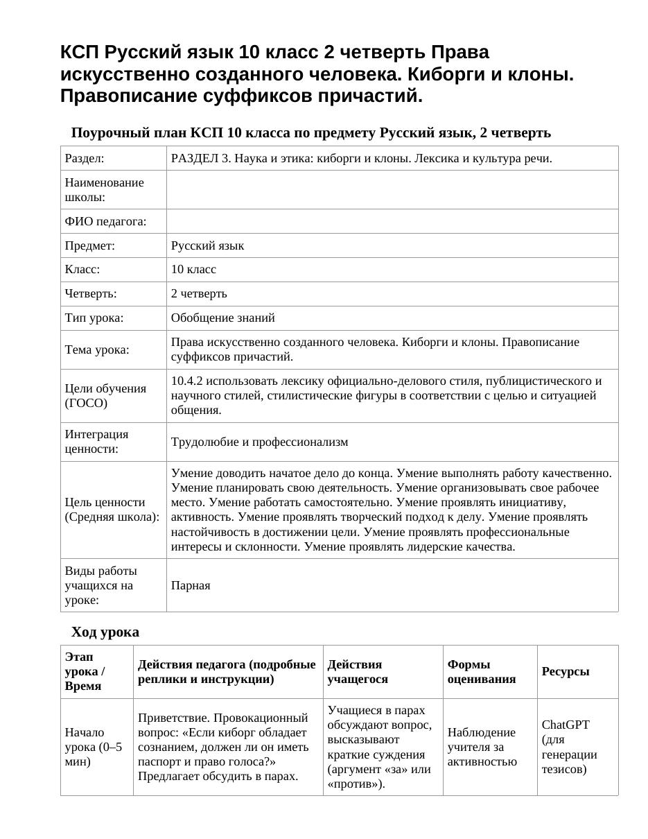 КСП Русский язык 10 класс 2 четверть Права искусственно созданного человека. Киборги и клоны. Правописание суффиксов причастий.