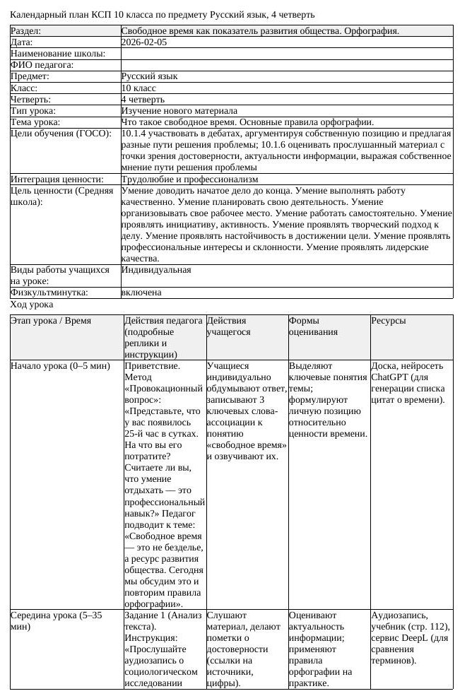 КСП Русский язык 10 класс ОГН 4 четверть Что такое свободное время (урок 1)