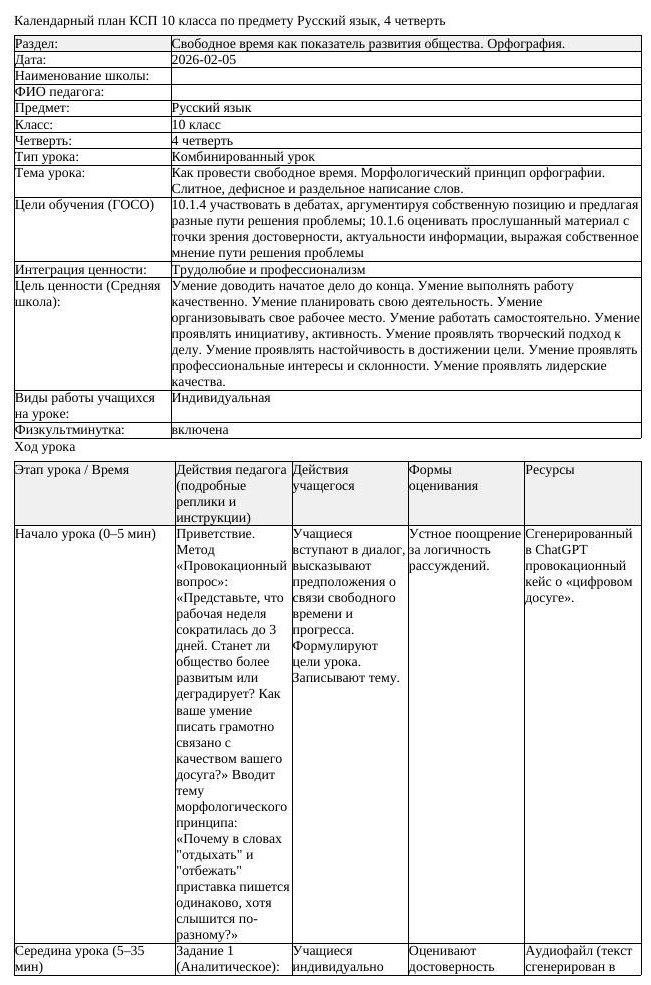КСП Русский язык 10 класс ОГН 4 четверть Как провести свободное время (урок 1)