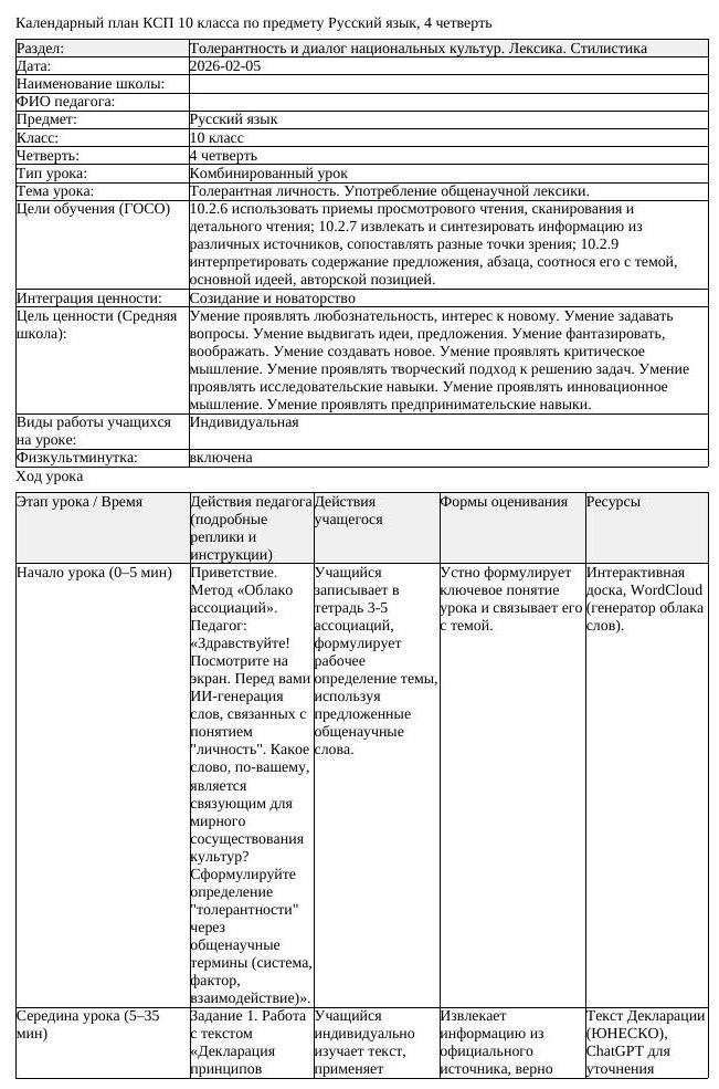 КСП Русский язык 10 класс ОГН 4 четверть Толерантная личность Употребление
