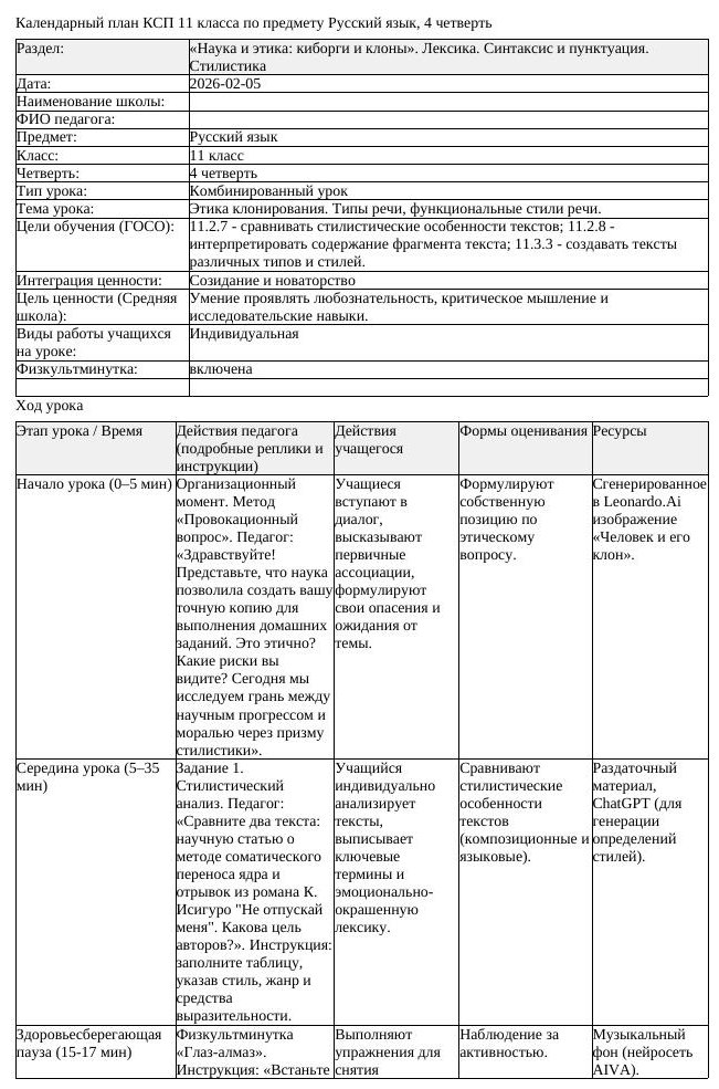 КСП Русский язык 11клас ЕМН с 4 четверть Этика клонирования Типы