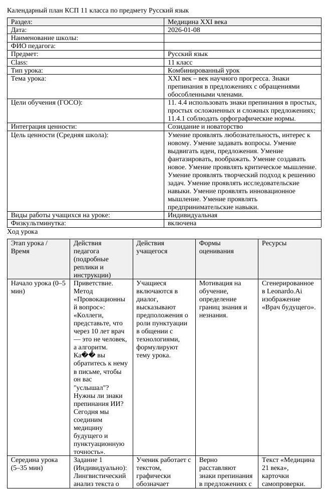 КСП Русский язык 11 класс 3 четверть ХХI век век научного прогресса (урок 1)