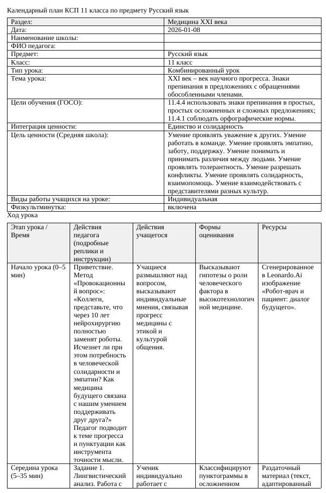 КСП Русский язык 11 класс 3 четверть ХХI век век научного прогресса (урок 2)