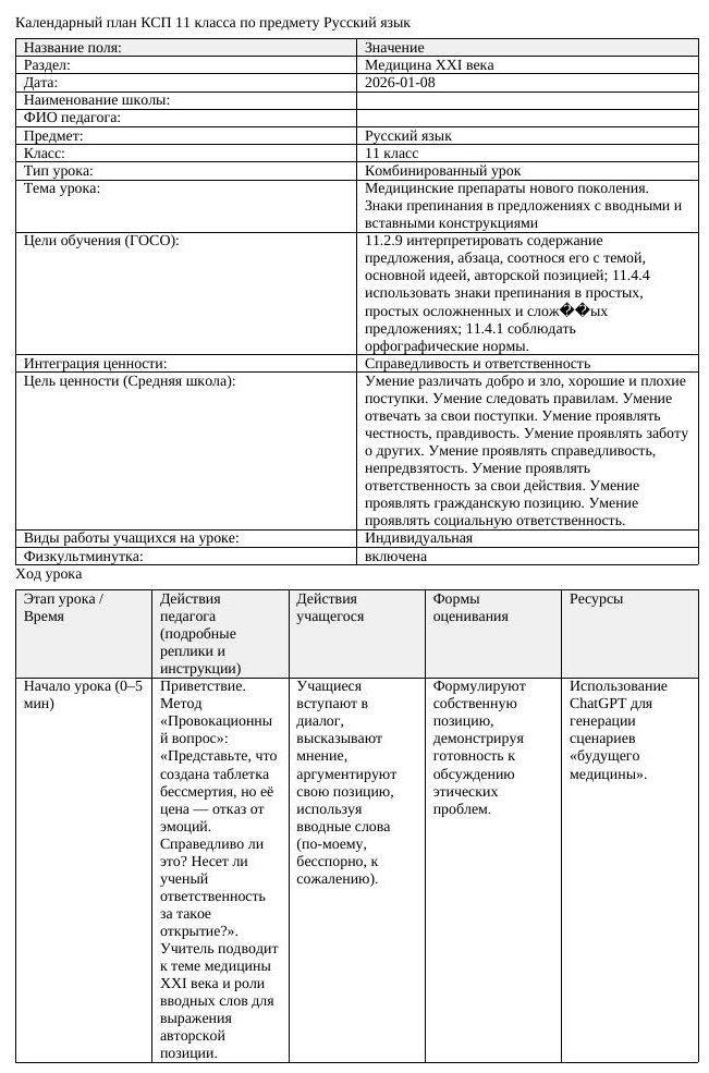 КСП Русский язык 11 класс 3 четверть Медицинские препараты нового (урок 1)