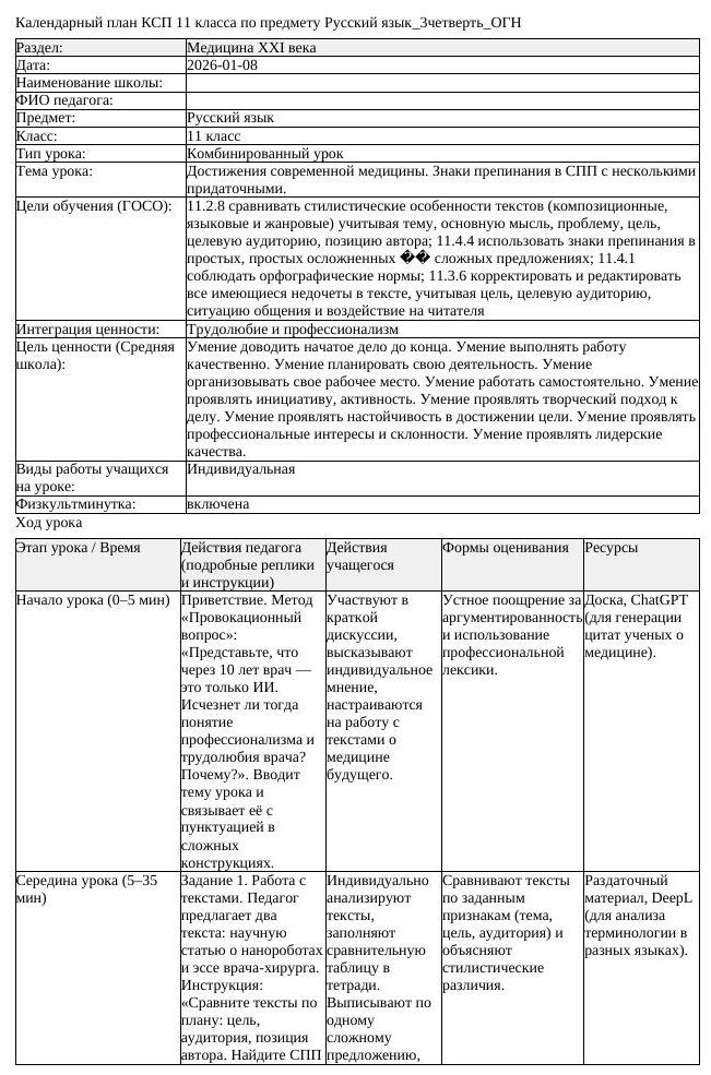 КСП Русский язык 11 класс 3 четверть ОГН Достижения современной медицины (урок 2)
