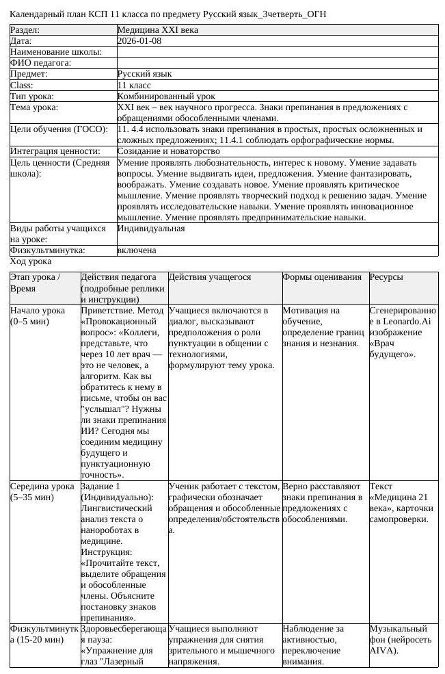 КСП Русский язык 11 класс 3 четверть ОГН ХХI век век научного прогресса (урок 1)