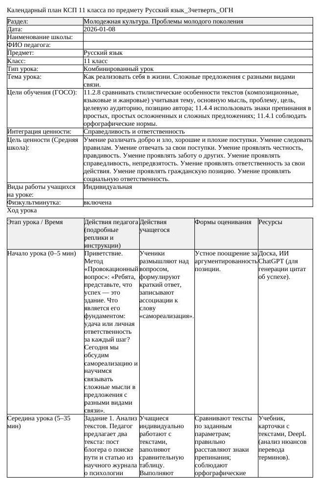 КСП Русский язык 11 класс 3 четверть ОГН Как реализовать себя в жизни (урок 2)