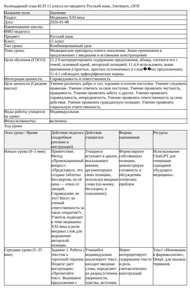 КСП Русский язык 11 класс 3 четверть ОГН Медицинские препараты нового (урок 1)